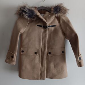 Zara beige wool blend hooded coat outwear pockets zip up fur size 7 cozy